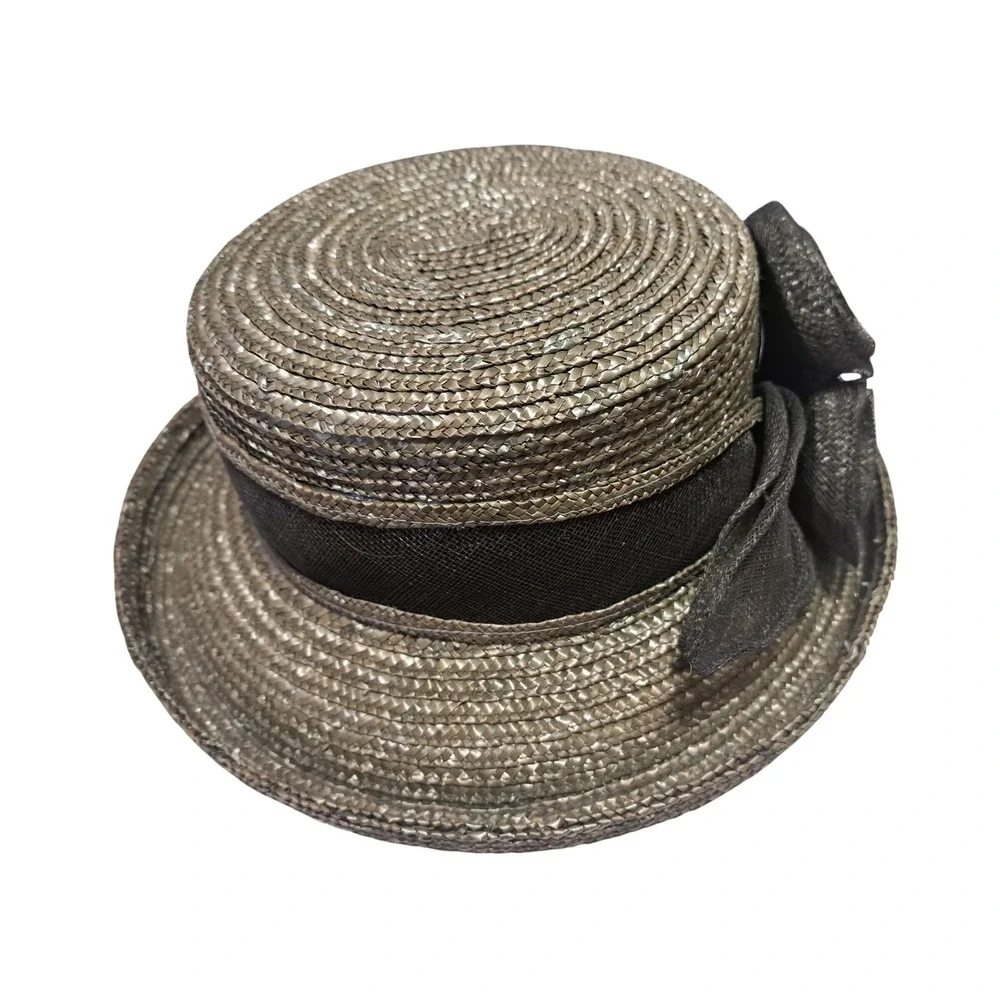 Georgi Vintage Straw Boater Hat Metallic Bronze Pewter Mesh Flower Rosette